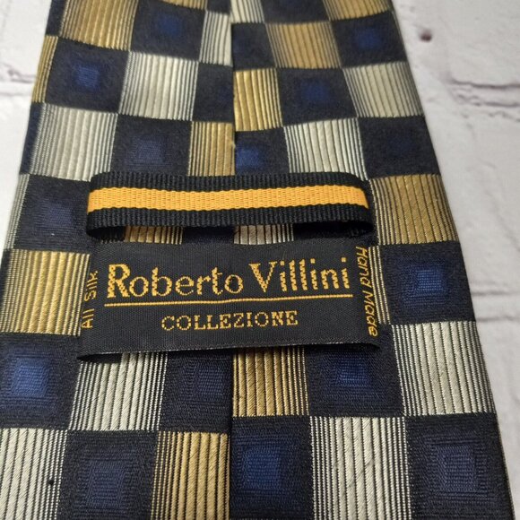 Roberto Villini Mens Navy Gold Geometric All Silk Necktie - Picture 5 of 10